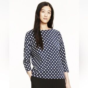 Marimekko Ilma Pallo polka dot boatneck top Navy Blue White cotton 3/4 Finnish M